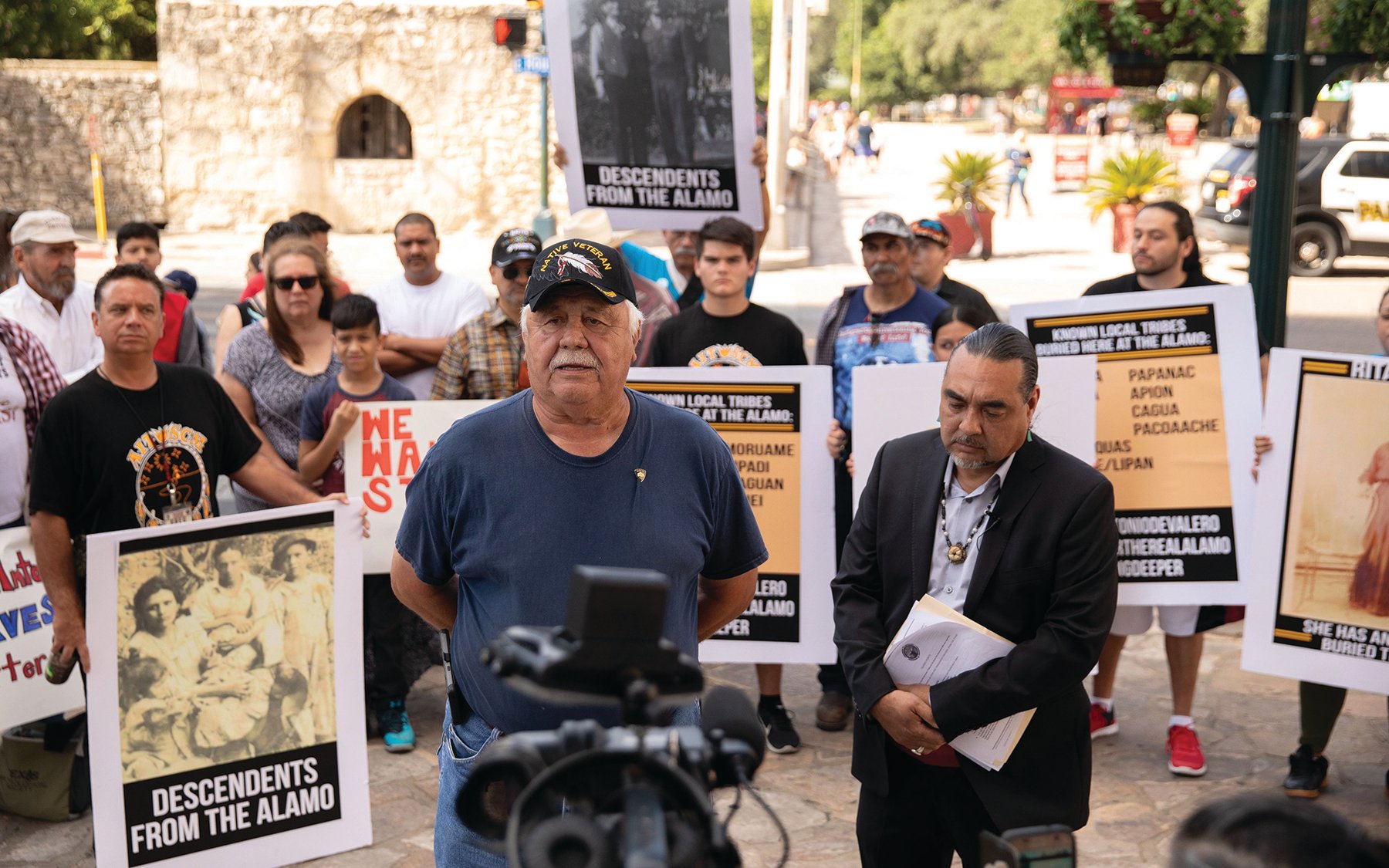 In San Antonio, Raymond Hernandez, left, and Ramón Vásquez, members of the Tap Pilam Coahuiltecan Nation tribal council, have fought to be included in the process of the Alamo Plaza redesign.