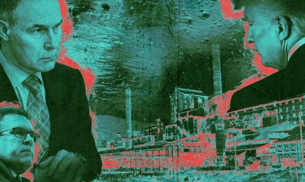 Illustration of Trump and other figures outside a refinery