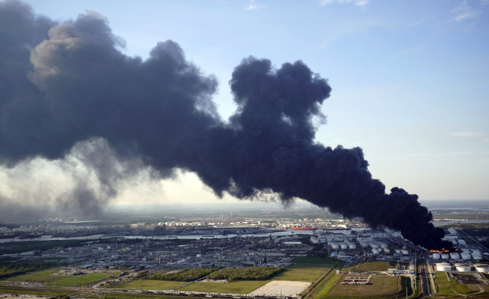 A plume of smoke rises from a petrochemical fire at the Intercontinental Terminals Company in Deer Park in 2019.