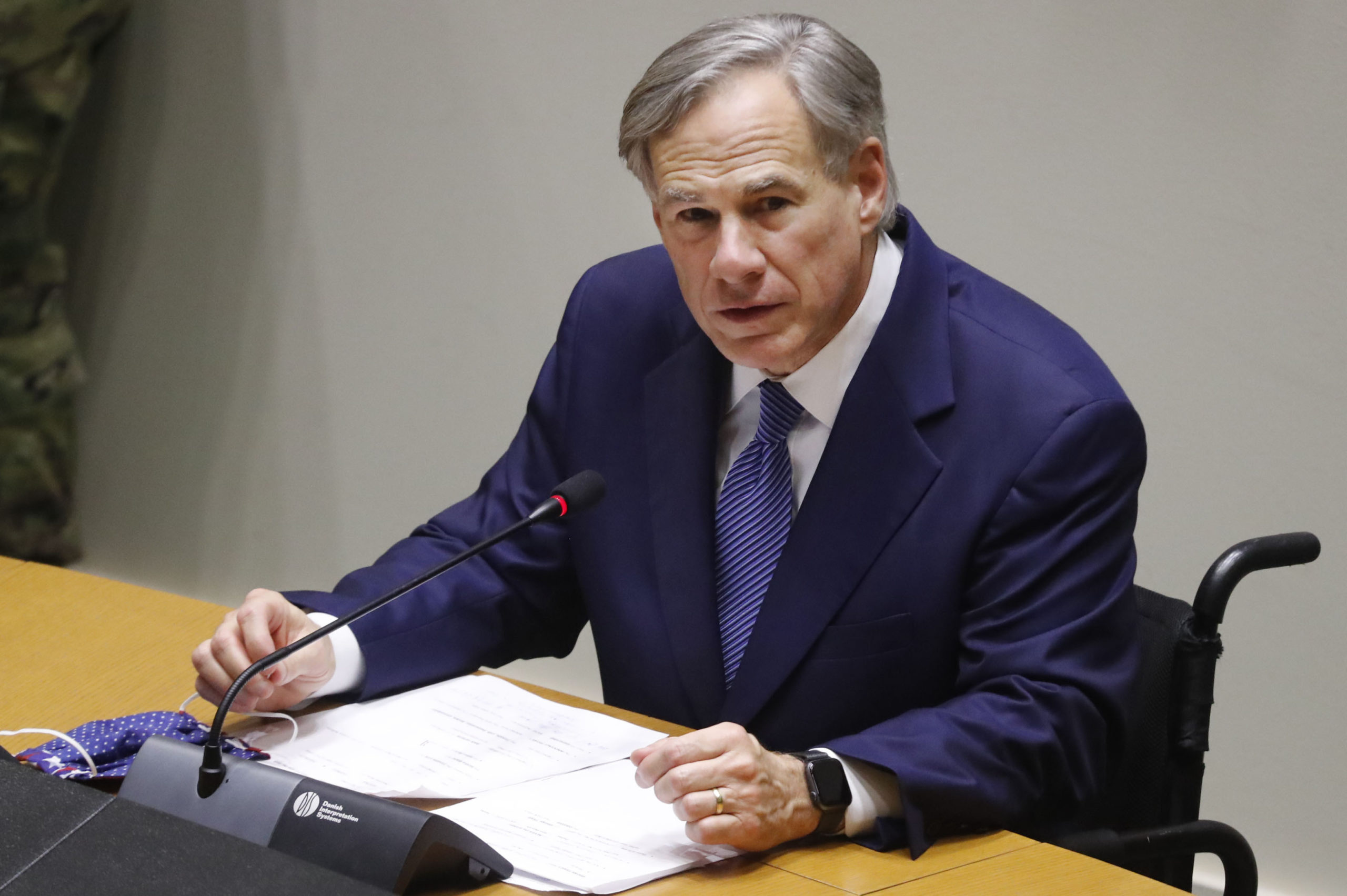 FILE - IN this Tuesday, June 20, 2020 file photo, Texas Gov. Greg Abbott speaks at a news conference at city hall in Dallas. Just days before George Floyd's funeral in his native Houston, a flurry of racist and conspiratorial posts by GOP leaders in Texas are overshadowing Republican Gov. Greg Abbott's efforts to heal divisions and assure protesters and black leaders of their commitment to confronting racial injustice. (AP Photo/LM Otero, File)