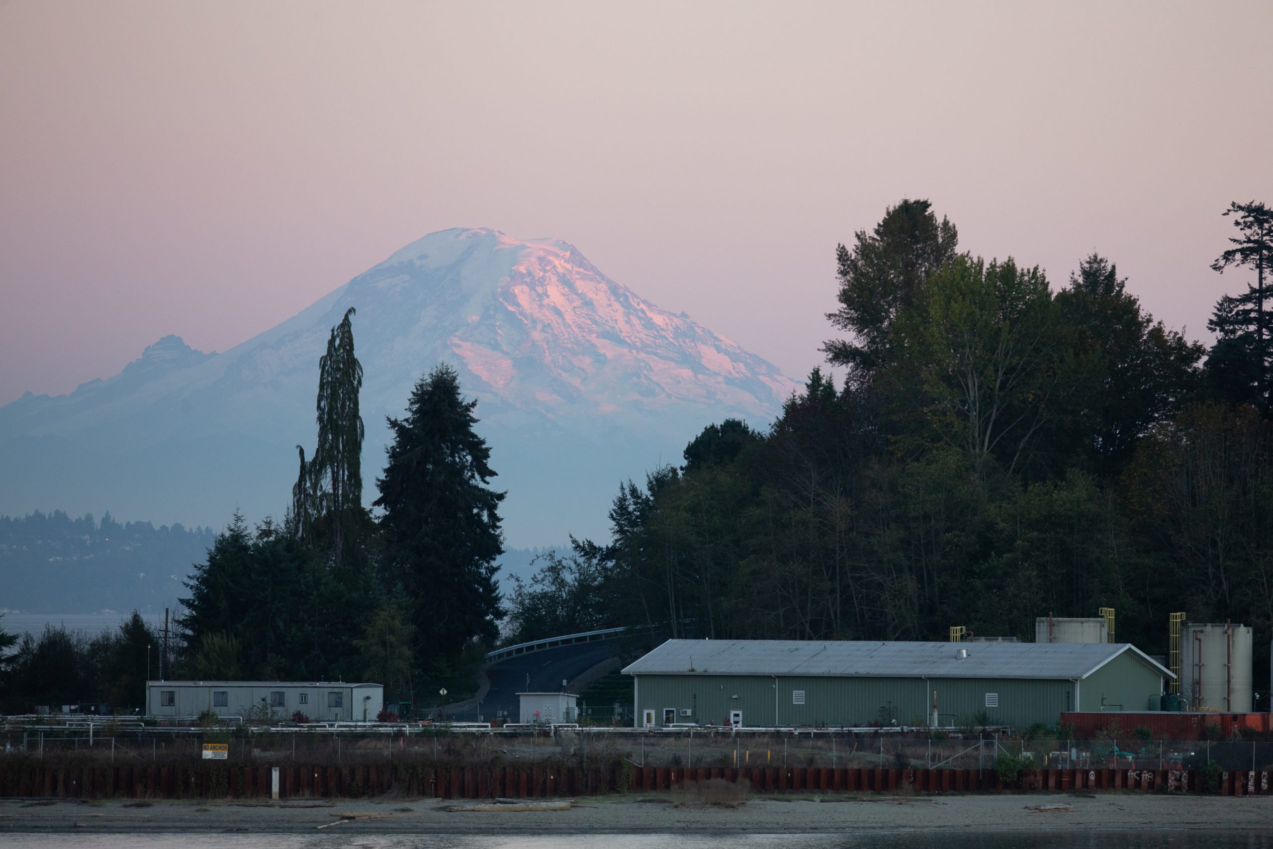 Mount Rainier seen behind the Wyckoff/Eagle Harbor Superfund site.