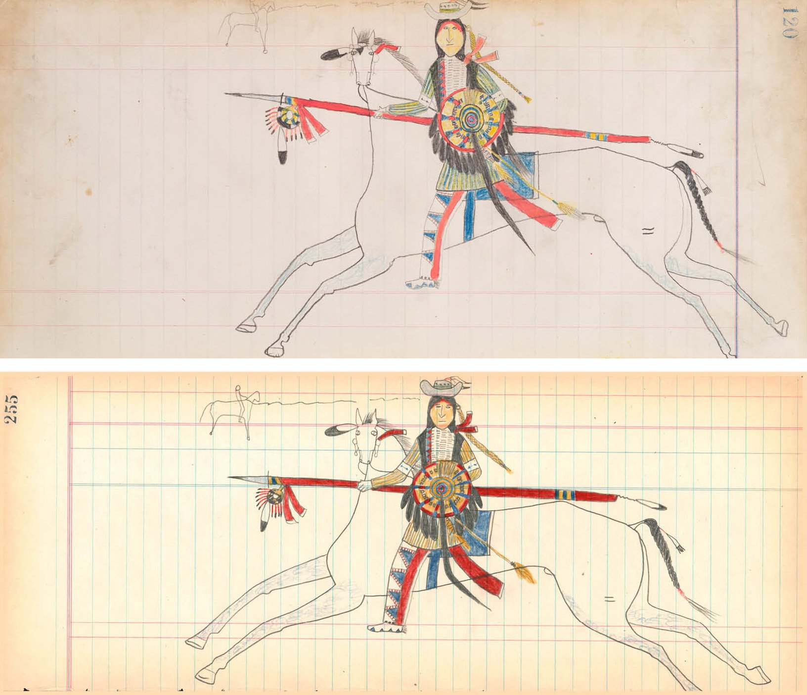 Attributed to Southern Arapaho artist Frank Henderson, "Self-portrait" is housed at the Metropolitan Museum of Art in New York and was created around 1880. "Arapaho Dog Soldier" is currently housed at the Pioneer Museum and not attributed to any artist, but is touted as authentic ledger art.
