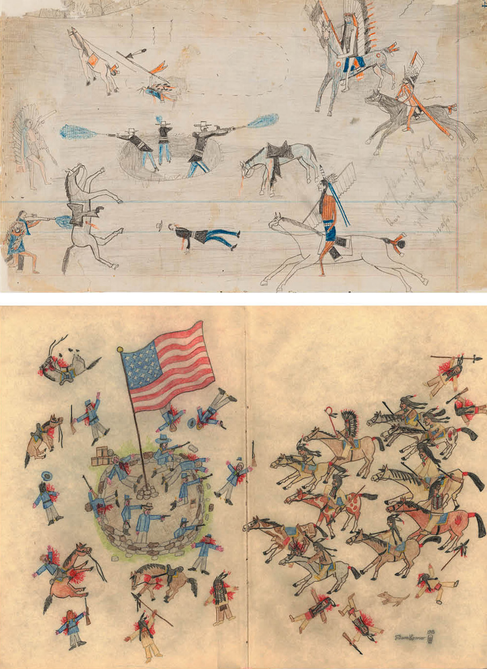 Top Image: "Panoramic view of Indian attack". Housed at the Blanton Museum in Austin, Texas, this drawing comes from the Schild Ledger Book which comprises fifty-six drawings of unknown origin but are believed to be created between 1840 and 1895. The book was purchased by the Texas Memorial Museum in 1964. Bottom Image: “Battle Scene”. Attributed to Sam Lomo, this image was sold to Jim Stewart by Keith Lack and appears in the Lander Pioneer Museum's show "Tribal Warrior Art." Experts say Sam Lomo likely never existed and that the image may have been created in the last decade.