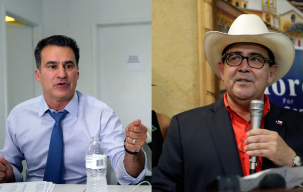 Roland Gutierrez, a current state representative, makes a video update as he campaigns with his volunteers, Tuesday, July 31, 2018, in San Antonio. and Republican Pete Flores, center, stands with his daughter Vicky, left, and state Sen. Donna Campbell, right, as he talks to supports after he defeated Democrat Pete Gallego in a runoff election capturing a reliably blue state Senate seat, Tuesday, Sept. 18, 2018, in San Antonio.