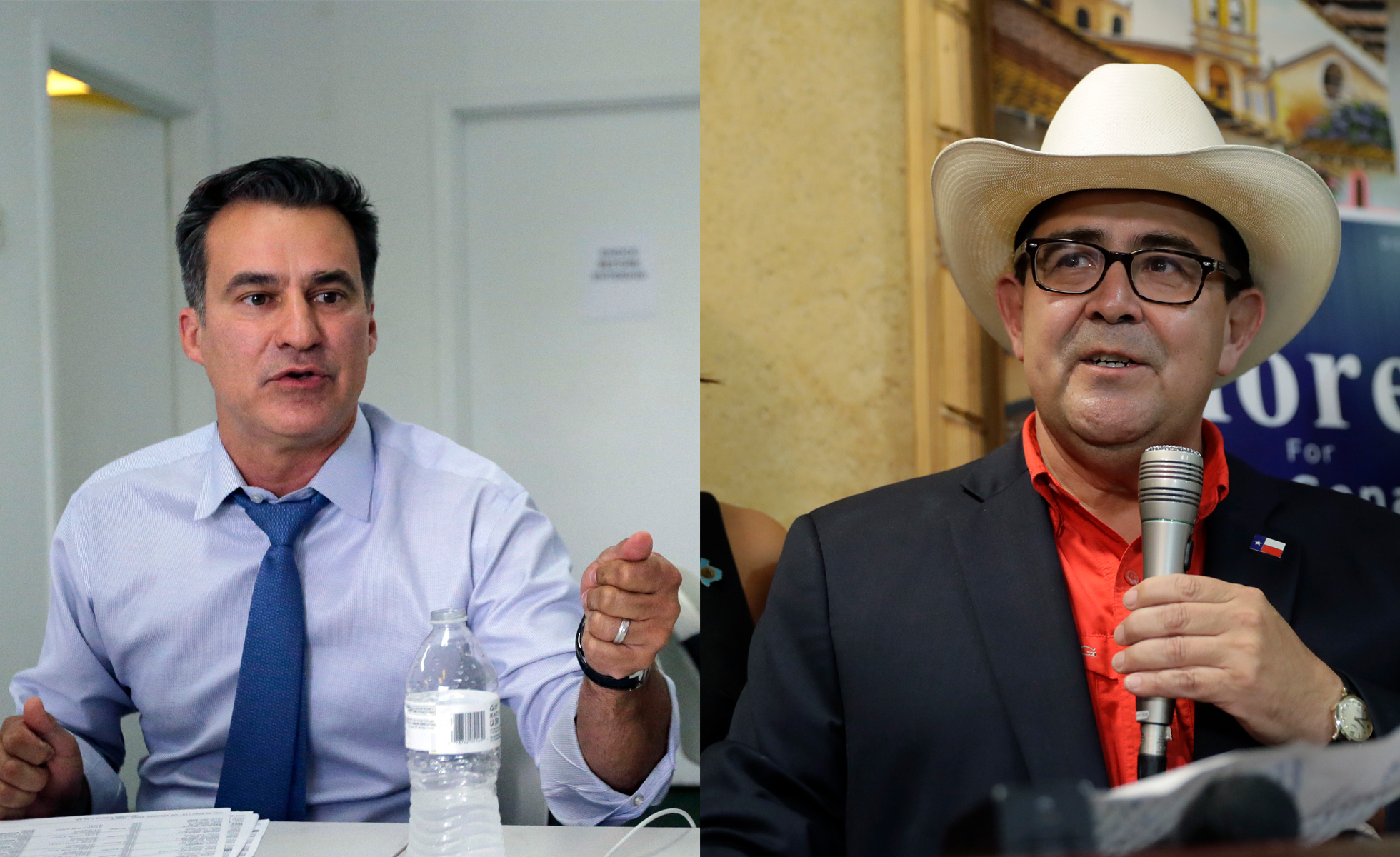 Roland Gutierrez, a current state representative, makes a video update as he campaigns with his volunteers, Tuesday, July 31, 2018, in San Antonio. and Republican Pete Flores, center, stands with his daughter Vicky, left, and state Sen. Donna Campbell, right, as he talks to supports after he defeated Democrat Pete Gallego in a runoff election capturing a reliably blue state Senate seat, Tuesday, Sept. 18, 2018, in San Antonio.