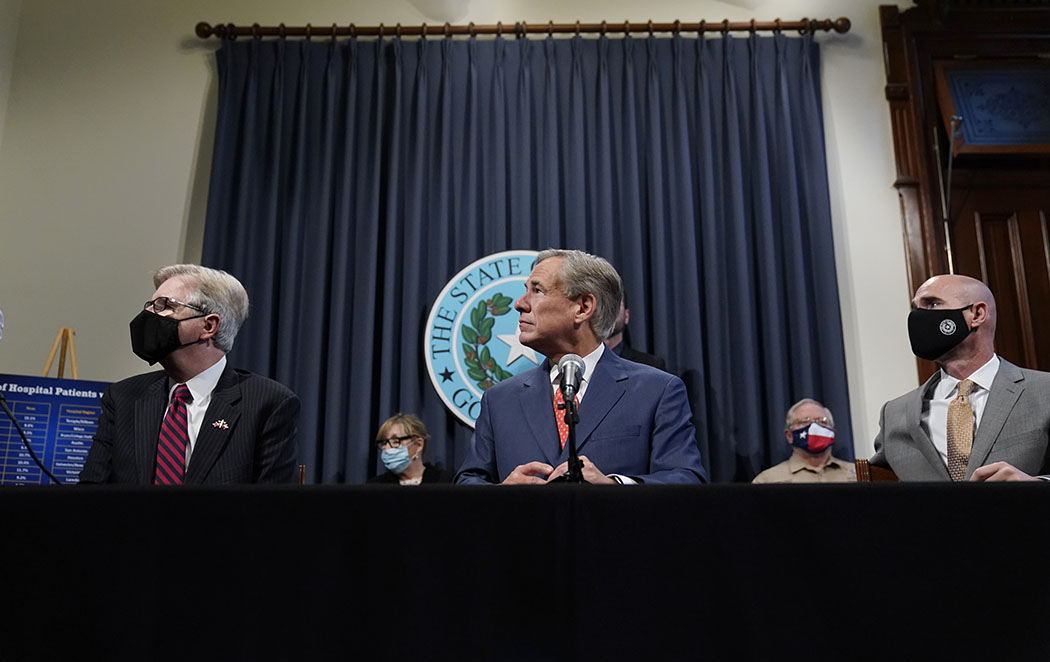 From left, Lieutenant Governor Dan Patrick, Governor Greg Abbott, and Speaker Dennis Bonnen announce further business reopenings in a September press conference.