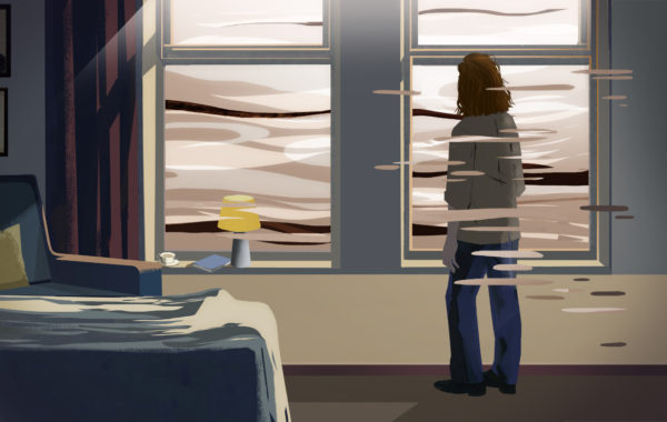 The figure of a woman stares out a window in this illustration.