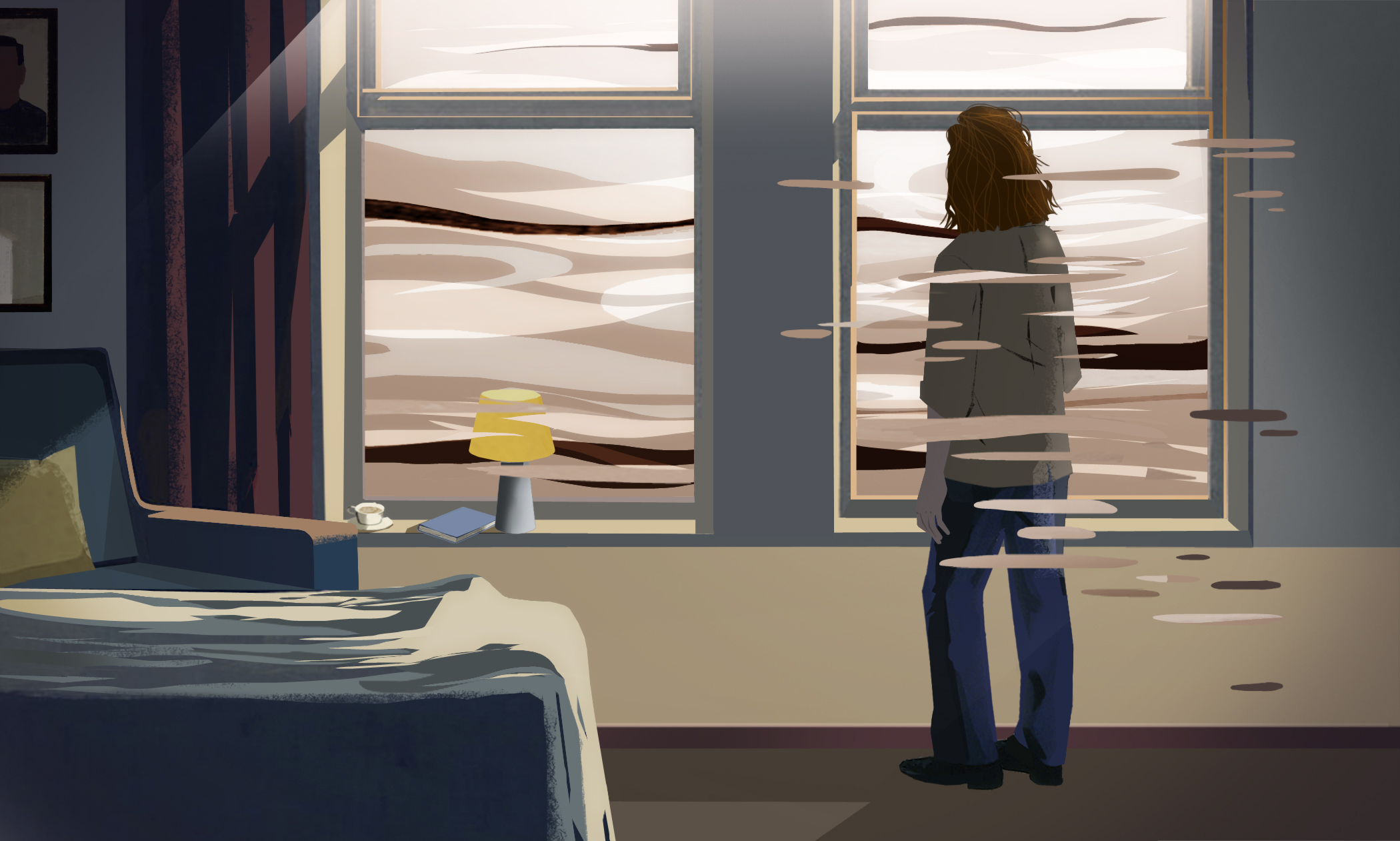 The figure of a woman stares out a window in this illustration.