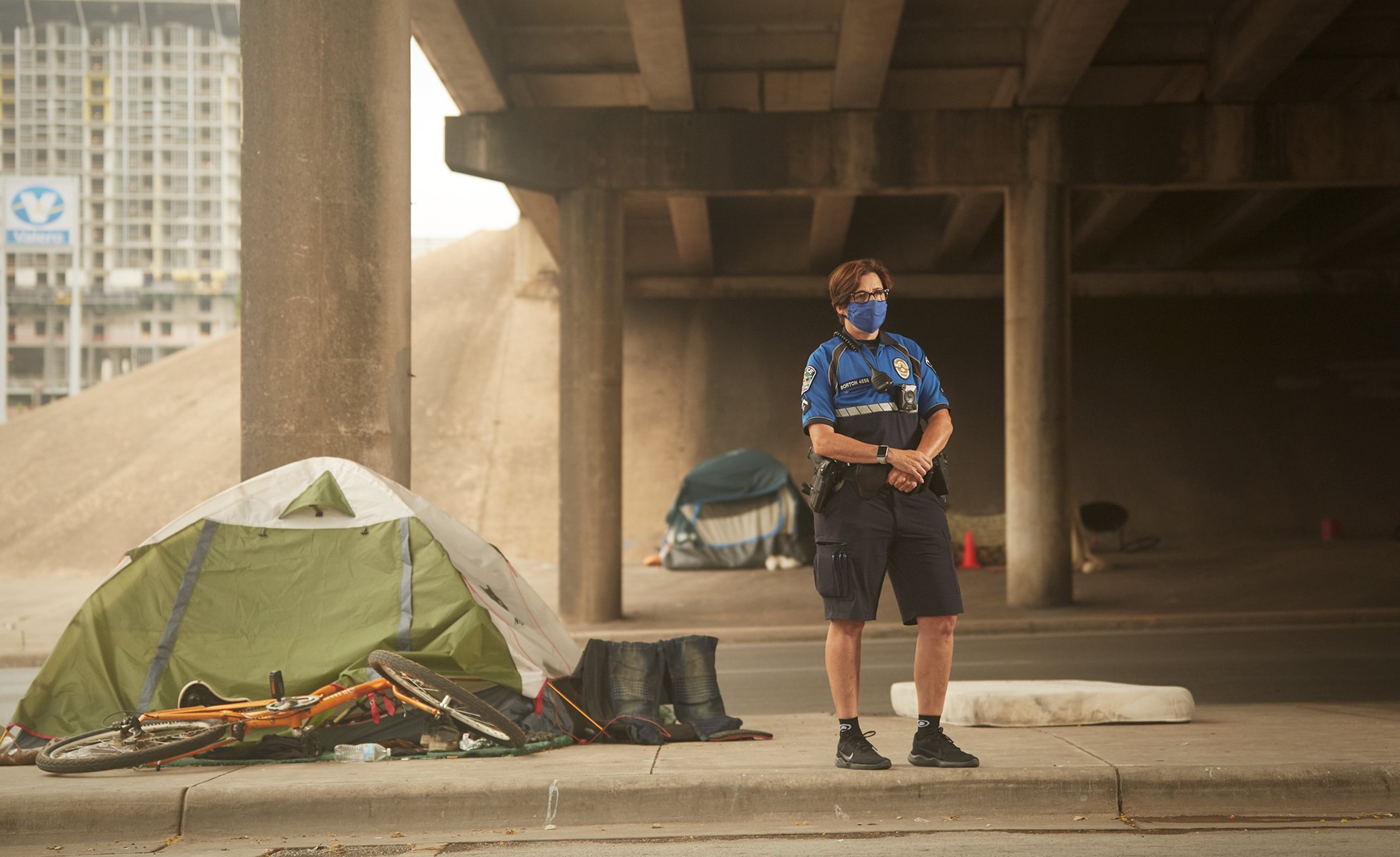 Austin police officer Michelle Borton works on the Austin Police Department’s Homeless Outreach Street Team, a small group of police officers, behavorial health specialists, paramedics, and social workers addressing the needs of people experiencing homelessness in the Austin area.