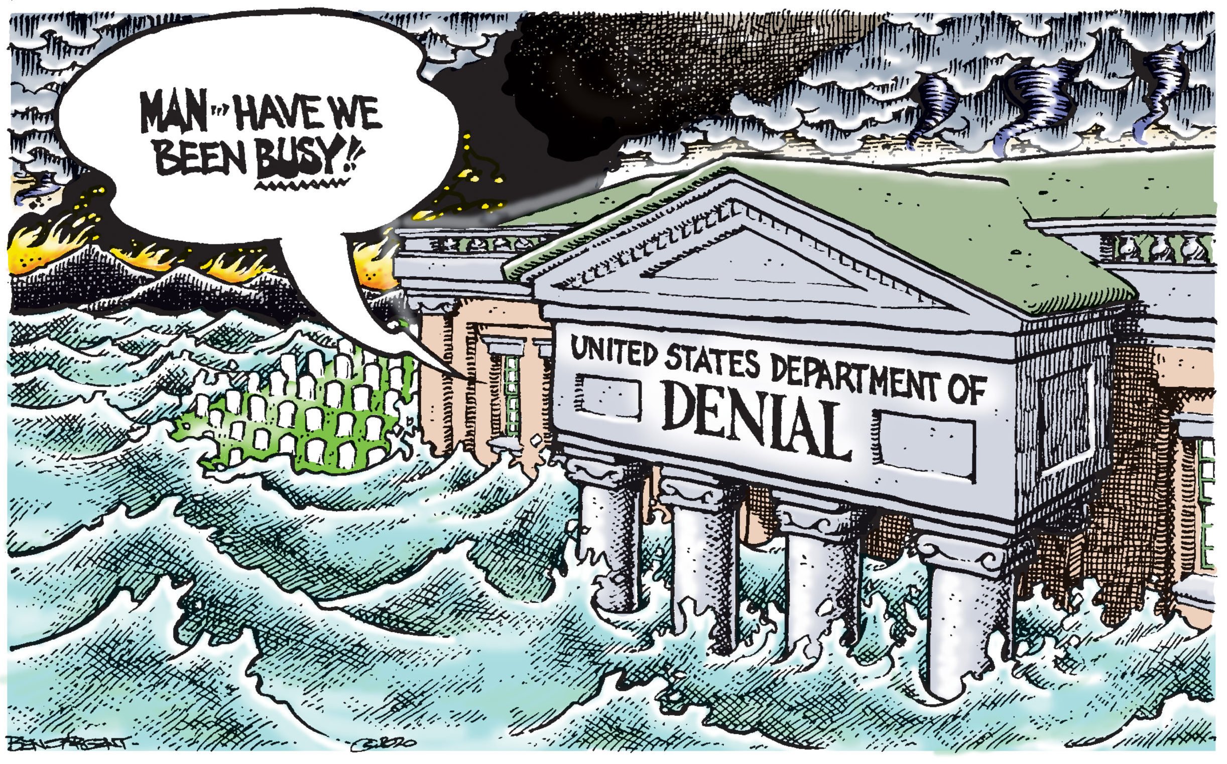 The U.S. Justice Building Renamed "United States Department of Denial" amid a flood.