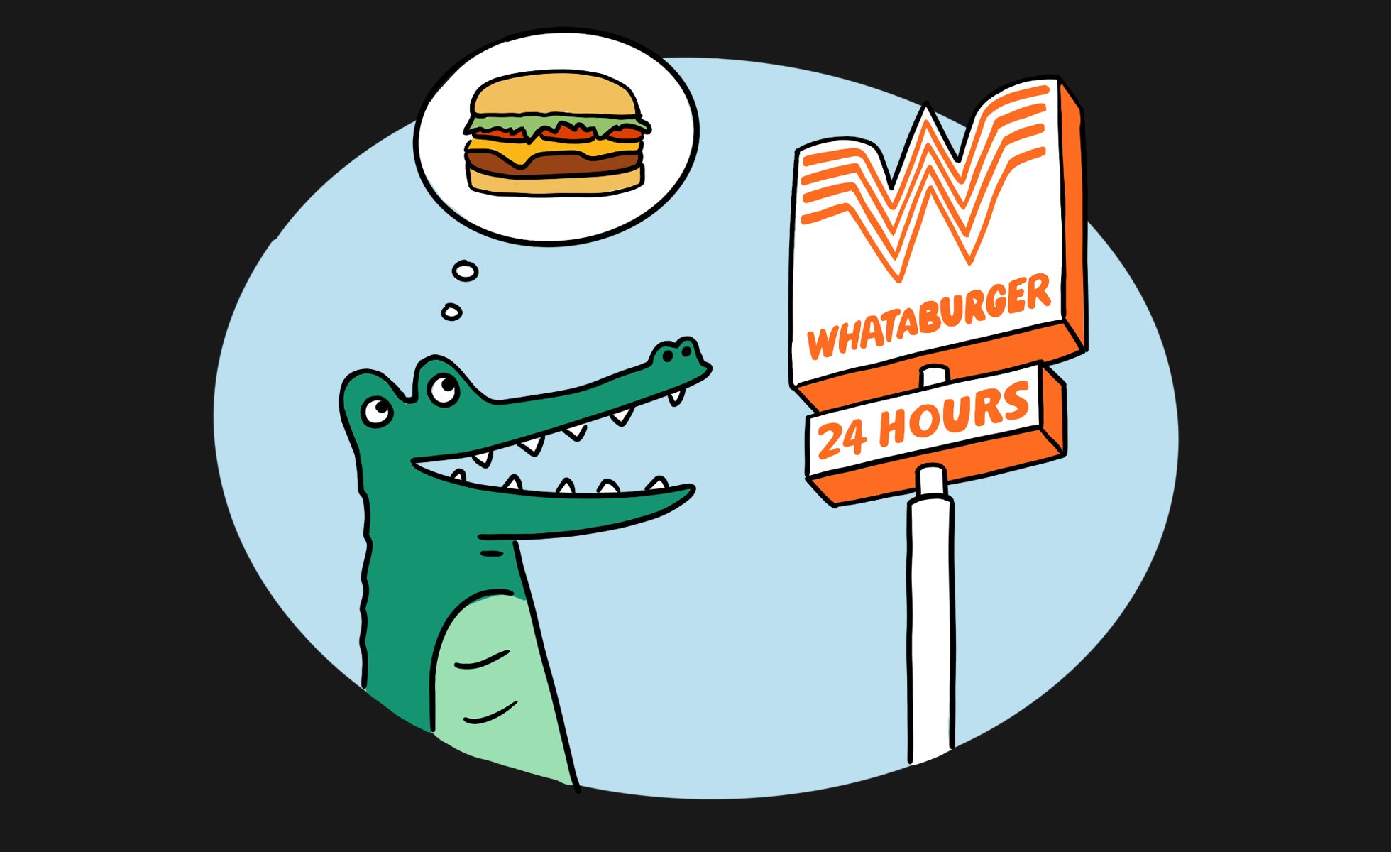 Illustration: An alligator thinks of a hamburger while looking at the Whataburger sign.