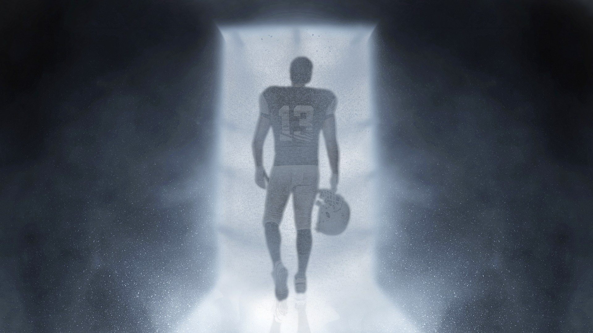 Illustration: A football player carrying a helmet walks through a ghostly, white-lit door.