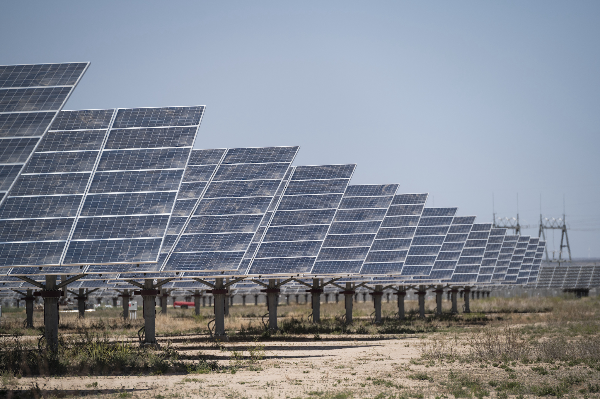 Row upon row of solar panels installed in the scrubby Texas desert, angled to catch the maximum amount of sunlight.