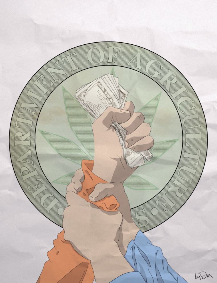 An illustration of two hands roughly gripping another person's arm, which is holding a fistful of cash. Behind them is the Department of Agriculture logo, with a hemp leaf at the center.