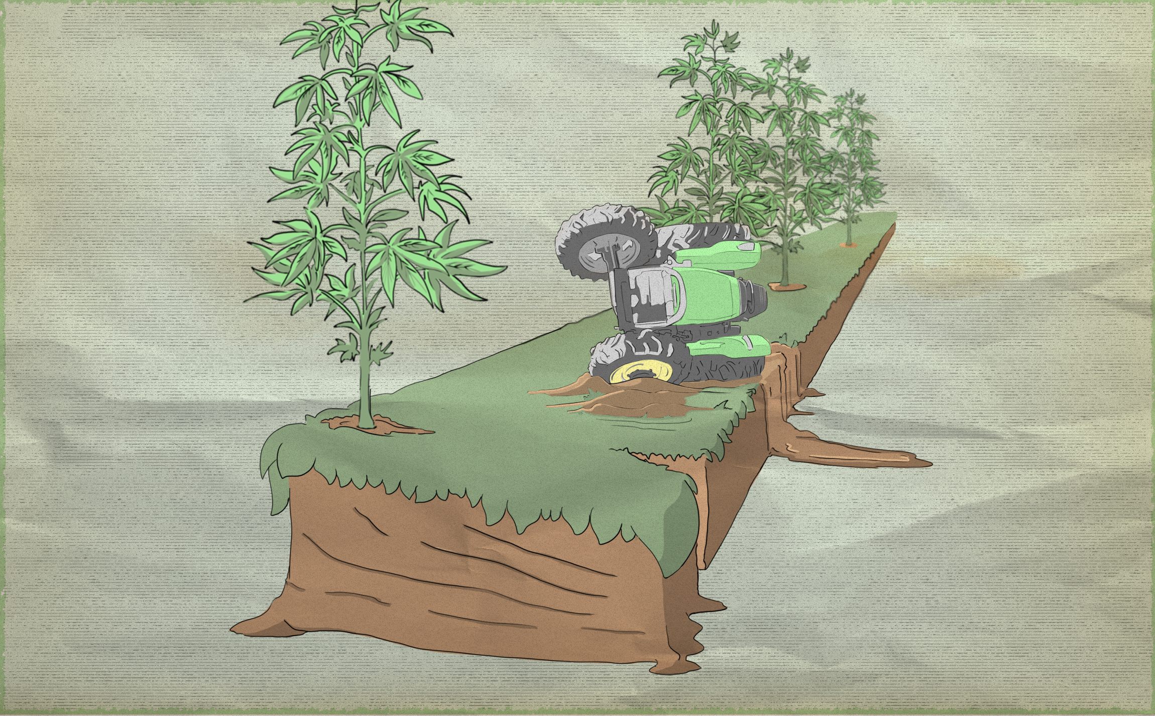 An artists rendition of a green and brown strip of land dotted with hemp plants. A tractor lies on its side in the dirt.