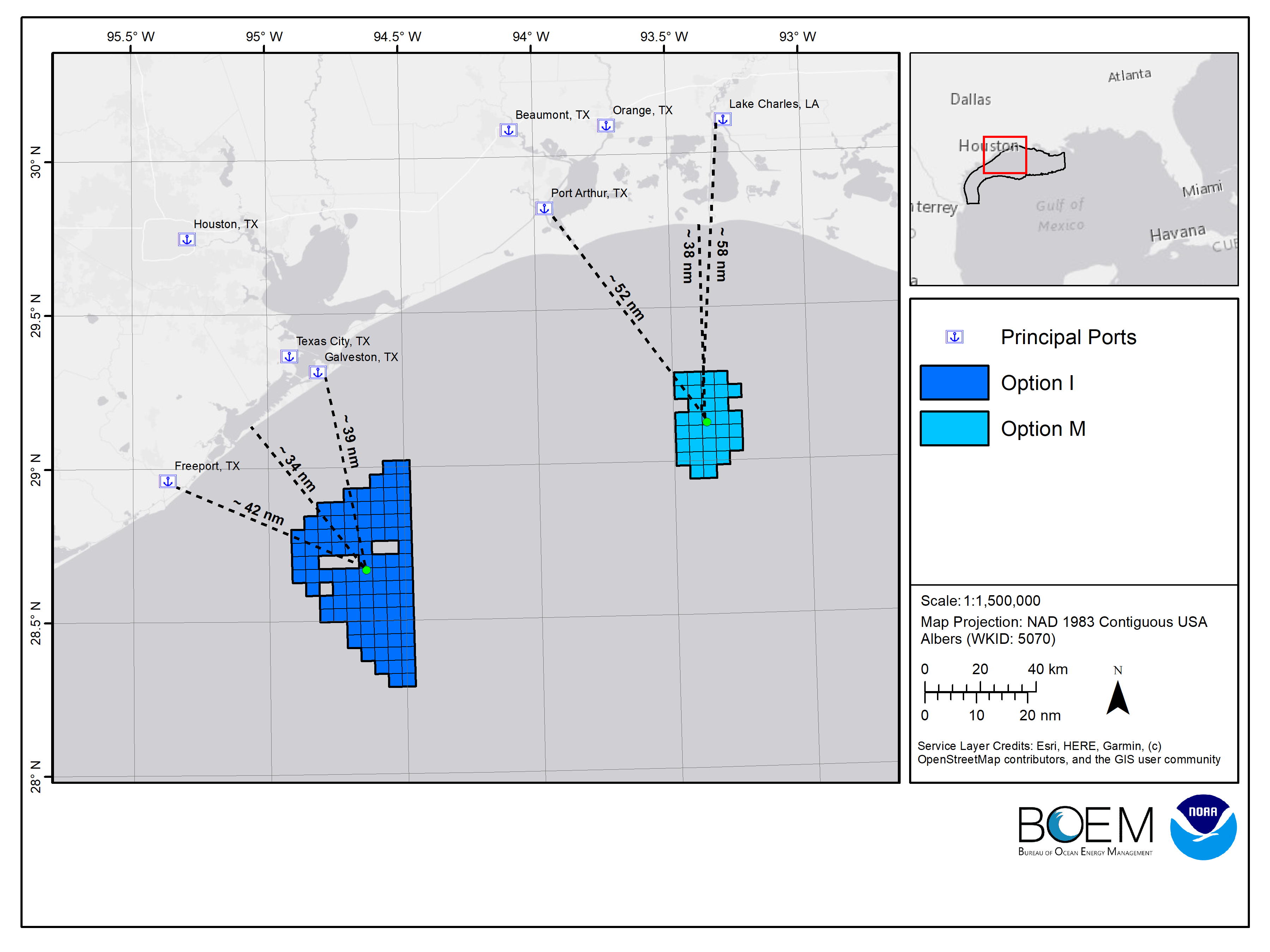 A GIS map showing two regions in the Gulf of Mexico, totalling 700,000 acres, which are being set aside for offshore wind power generation.