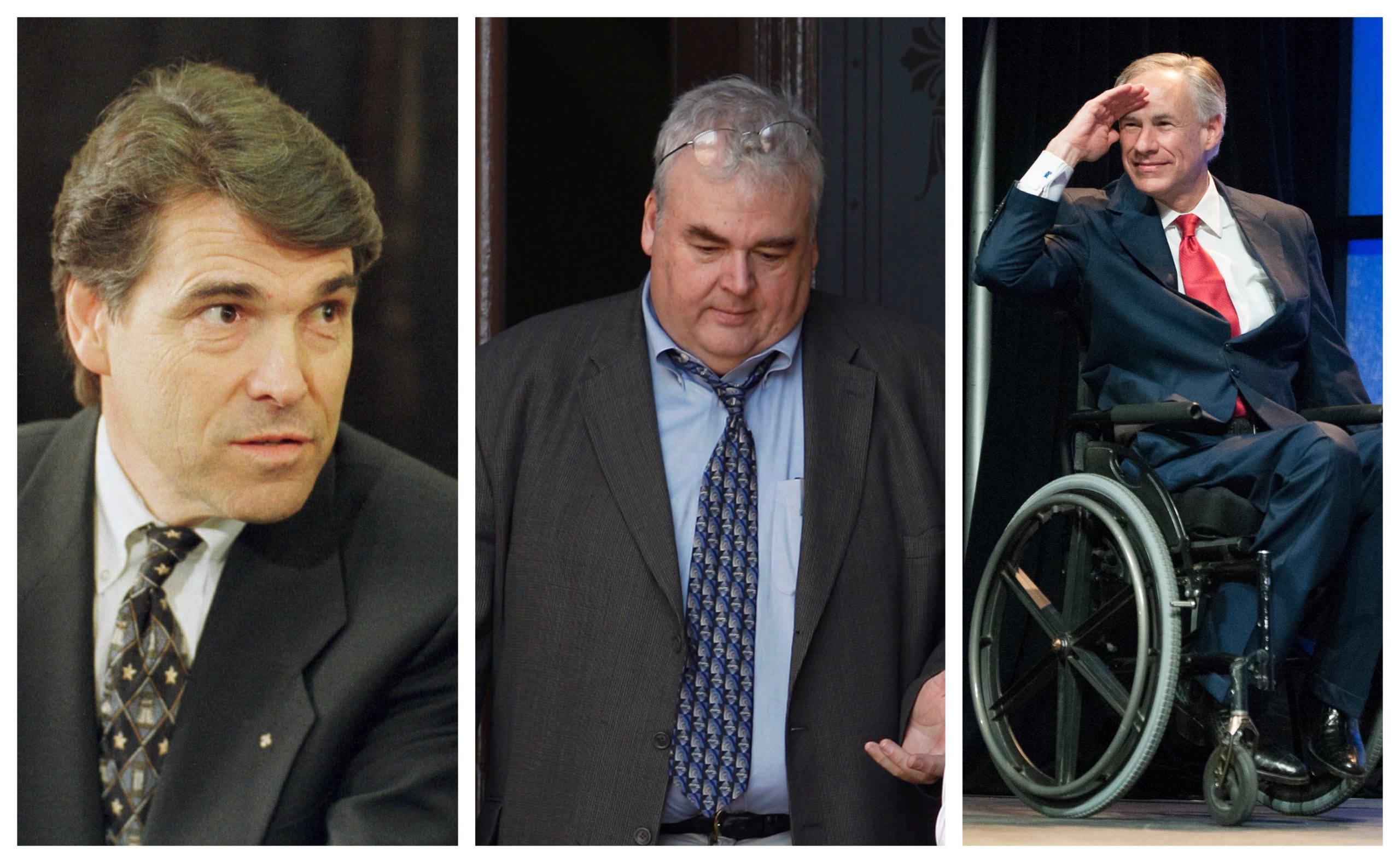 A composite image from left to right showing three men in suits. Abbott is sitting in his wheelchair and saluting, while the other two are seen from the waist up.