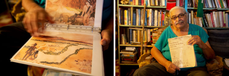 A composite photo of two images of a Latino man in a library, holding history books.