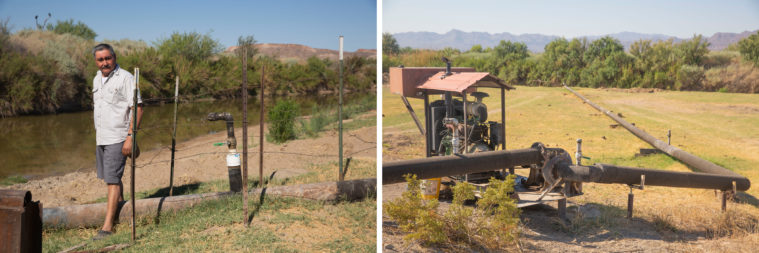 At left, a photo of a Latino man inspecting a fenced in water pump intake. At the right, a photo of his fields with the irrigation piping in it.