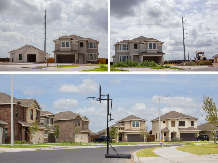 A composite showing three photos of new homes in a subdivision, with a basketball hoop in the street in front of several in one image.