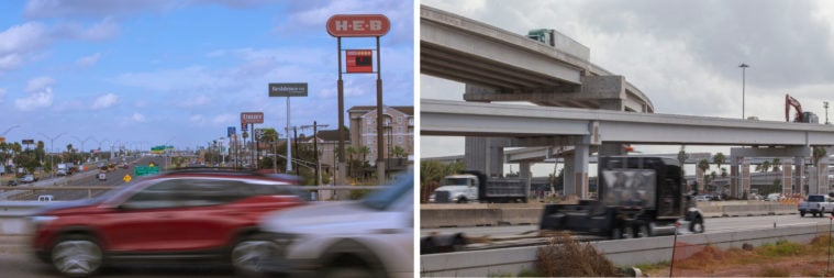 Two composite images of a bustling highway in the Rio Grande Valley.