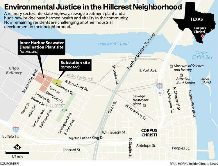 A map of Corpus Christi's Hillcrest neighborhood, showing the location of the desalination plant and substation.