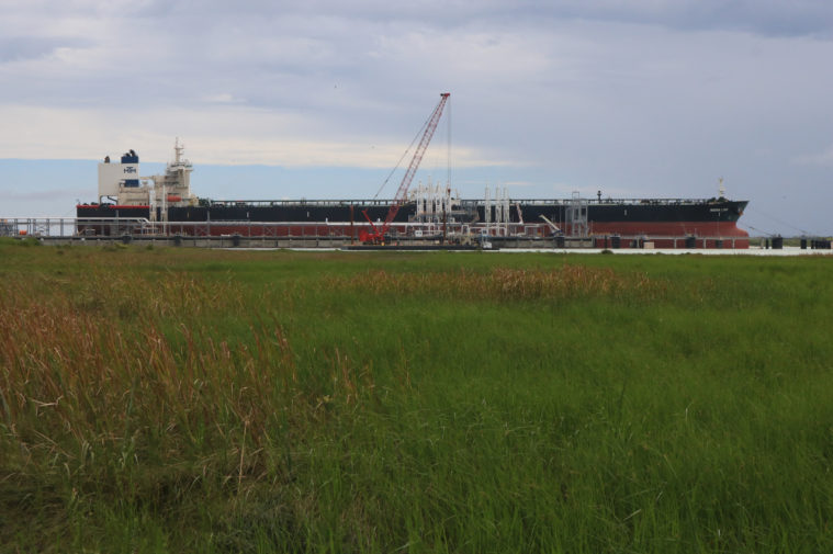 A crude oil tanker is docked at the edge of a green wetland.