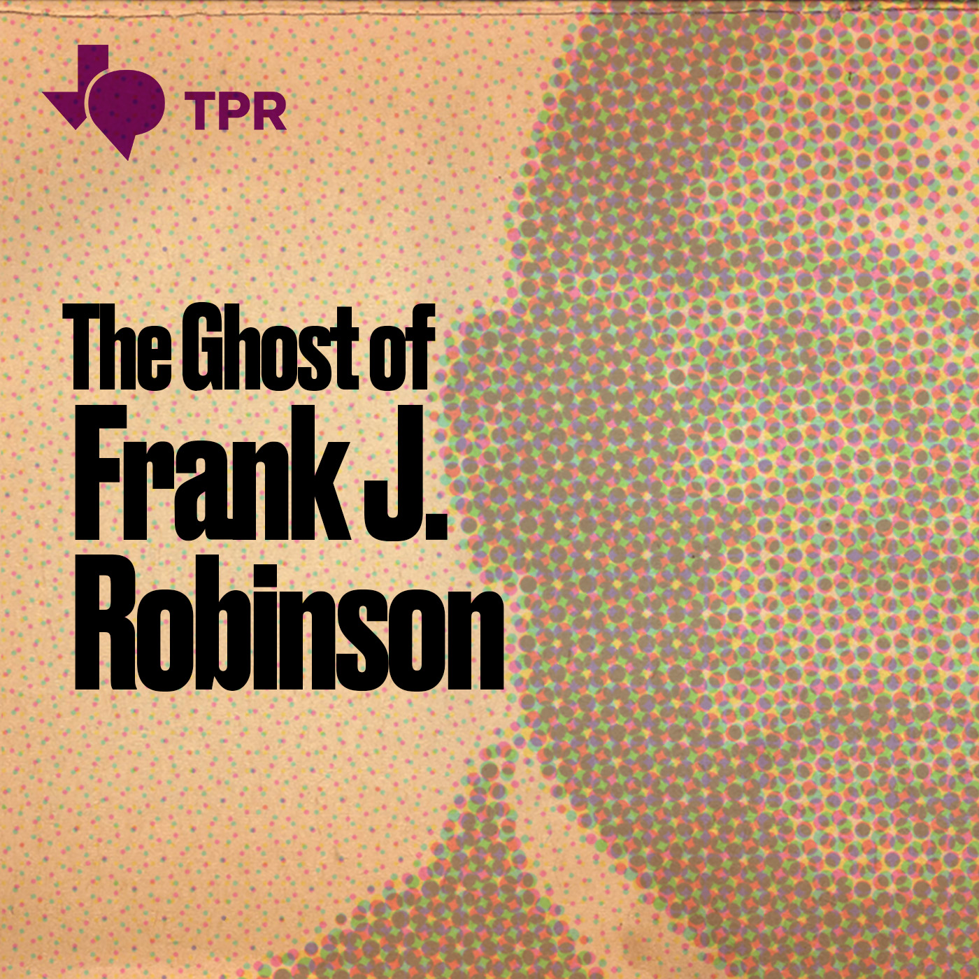 The logo of the podcast "The Ghost of Frank J. Robinson" shows a faded image of half of Frank J. Robinson's face. Robinson was an older Black man, dressed in a white button down and suit jacket, with old-fashioned glasses.