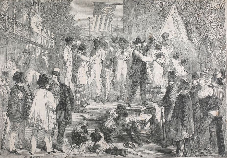 An auction of enslaved people in Charleston, South Carolina, USA, 1861.