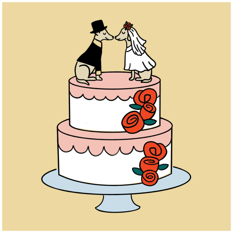 A cartoon image of a white and pink wedding cake, decorated with red roses and a bride and groom wedding topper that are shaped like dogs dressed in a tuxedo and wedding dress.