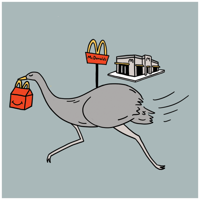 An illustration of a cartoon emu running past a McDonald's, holding a Happy Meal box in its beak.