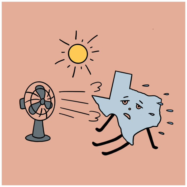 A cartoon illustration of the state of Texas, sweating under a hot sun while sitting in front of a fan.