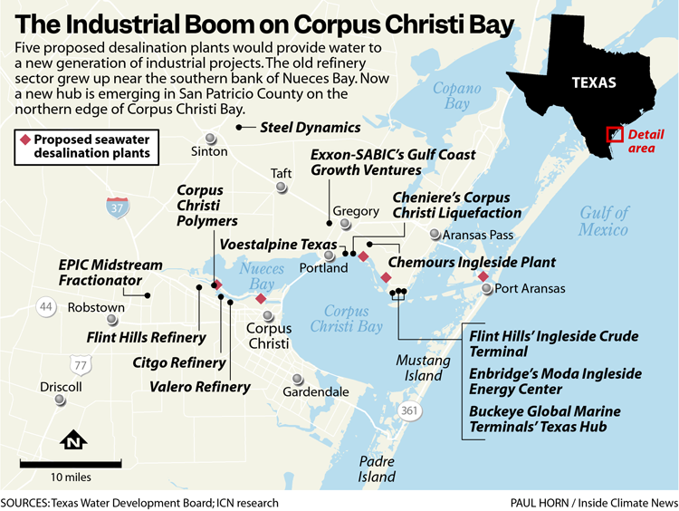 A map of over a dozen industrial projects located near and around the water of Corpus Christi bay.