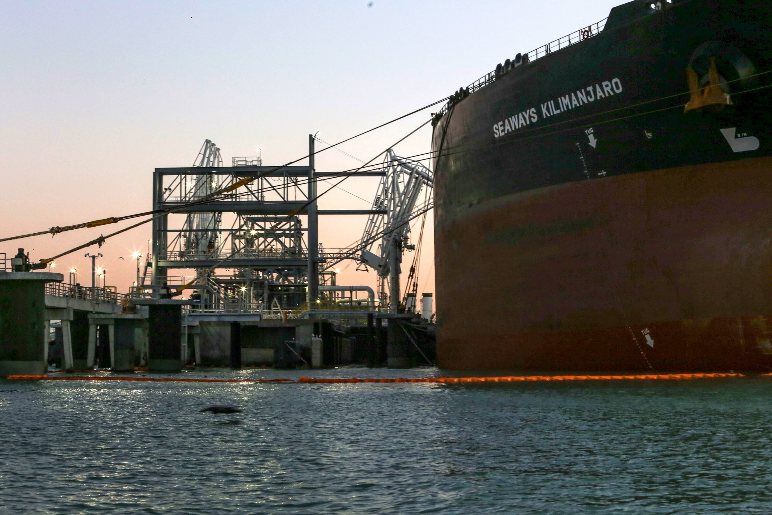 A tanker loads crude oil from Texas shales at Enbridge Ingleside Energy Center, North America's largest petroleum export terminal, built in 2018 on Corpus Christi Bay.