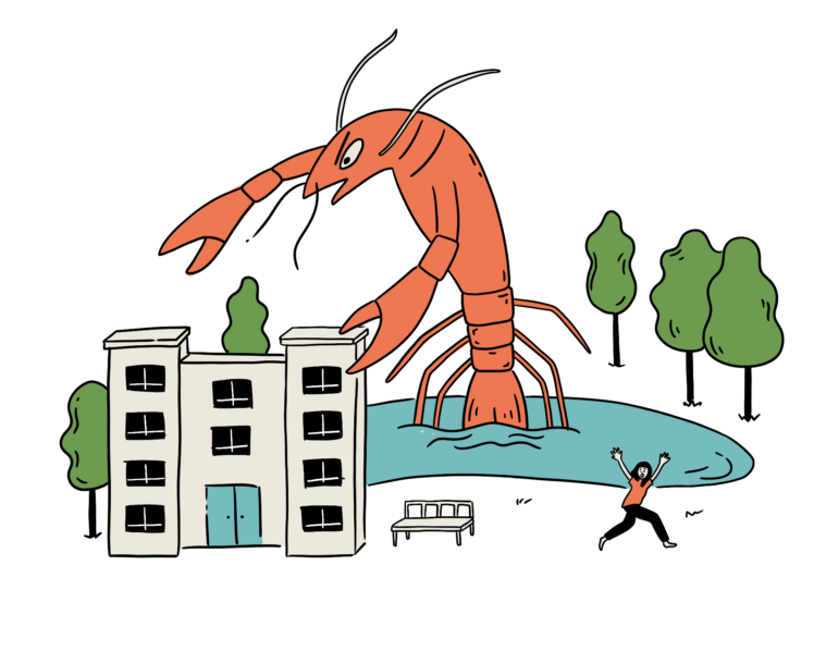 A cartoon illustration of a gigantic kaiju-style crayfish towering over an apartment complex that borders on a wooded lake. A bystander is fleeing from a bench with their arms raised in terror.