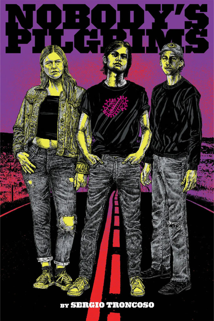 The cover of Nobody's Pilgrims, showing three young people in tattered jeans and simple shirts standing together on a road, with a stylishly colorful cover emphasizing yellow, purples and reds.