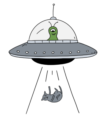 A cartoon of a one-eyed, slug-like green alien in a flying saucer, abducting a startled grey cat with a tractor beam.