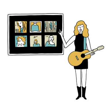 Ilustrasi Taylor Swift, memegang gitar dan mengajar dengan tayangan slide sampul album di belakangnya.