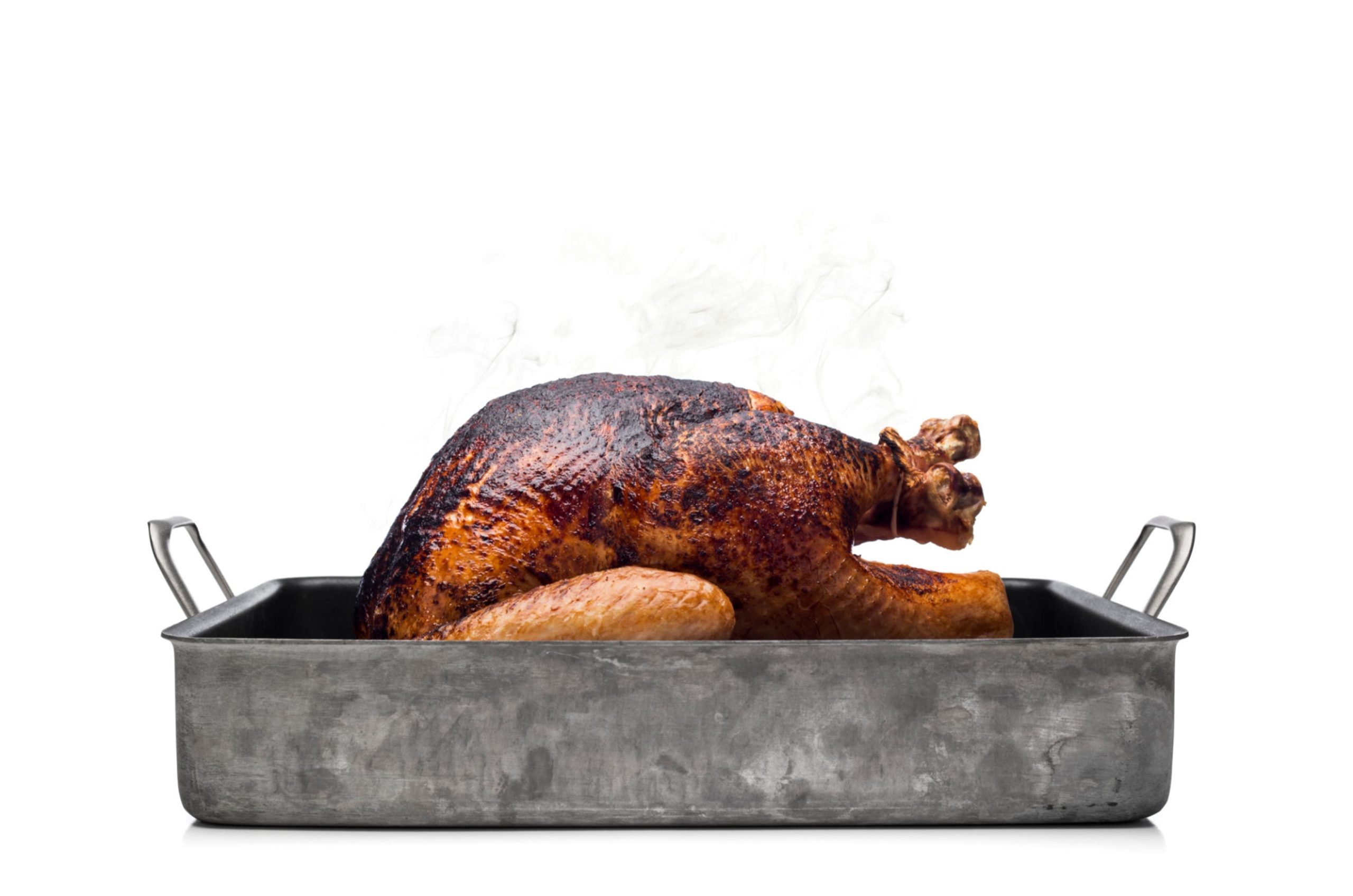 A burnt, smoldering and unseasoned looking Thanksgiving turkey in a roasting pan.