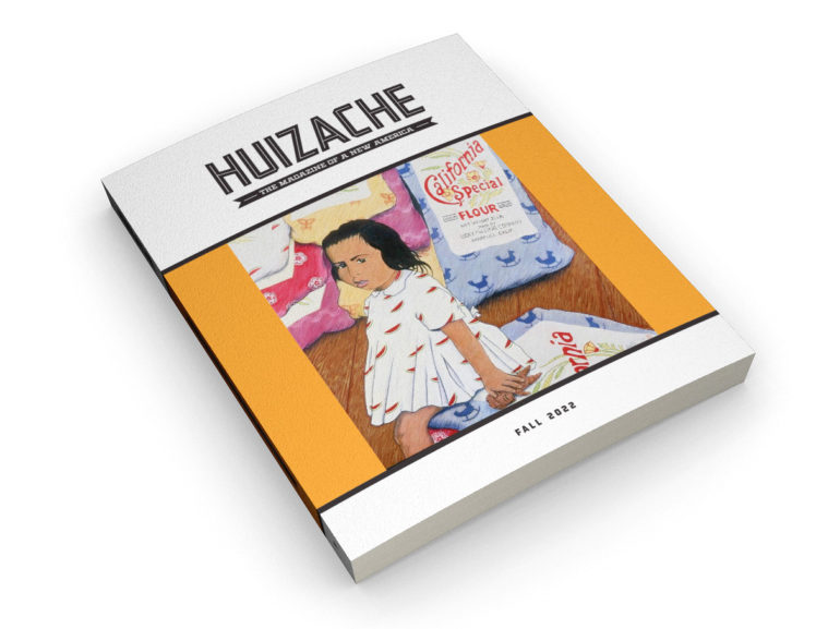 The cover of Huizache magazine issue 9 shows a young Latinx child in a simple floral flour sack dress, surrounded by other colorful flour sacks ready to be used and turned into clothes.