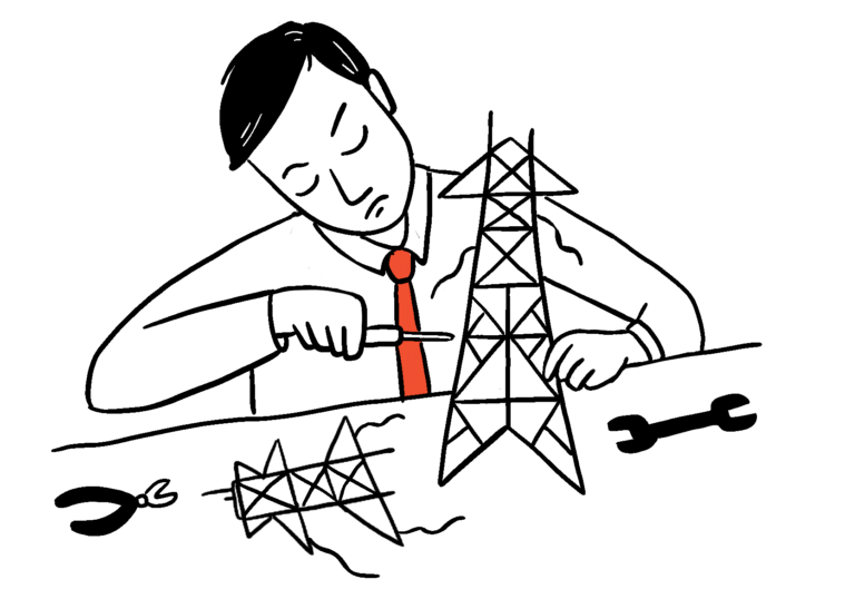 A cartoon person in a suit and dress shirt tinkers with electricity pylons, using a screwdriver with a wrench and pliers nearby.