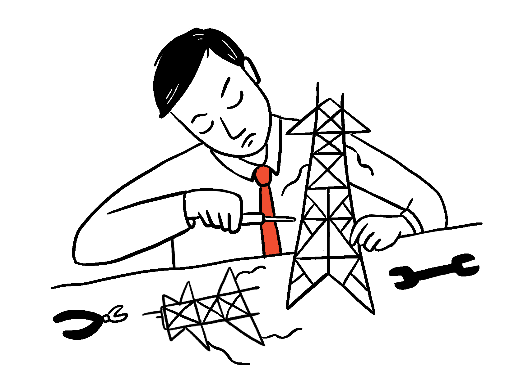 An animation of a cartoon person in a suit and dress shirt tinkers with electricity pylons, using a screwdriver with a wrench and pliers nearby.
