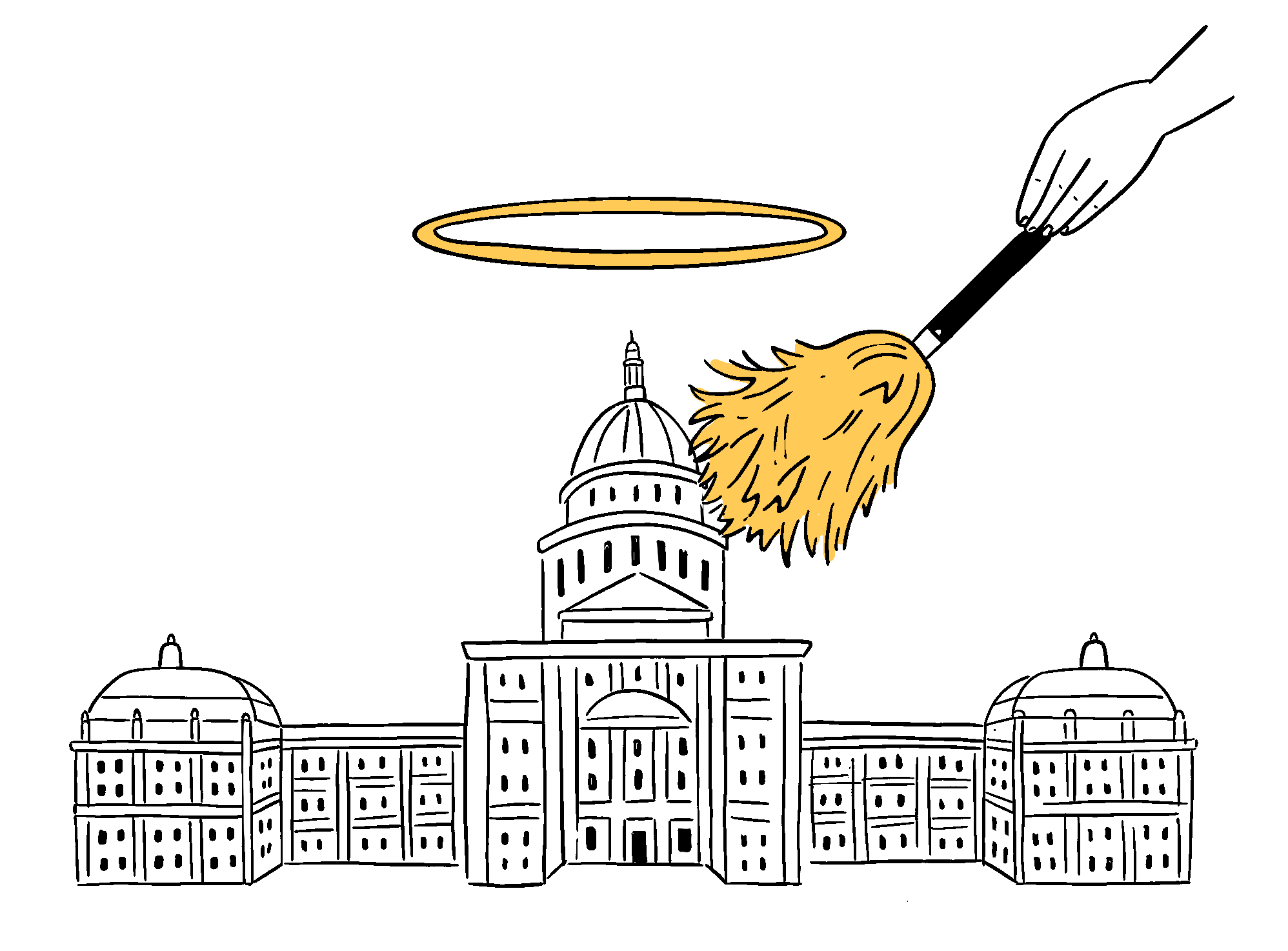 An animation of the Texas Capitol building, with a glowing golden halo over it, as a god-like hand reaches down to use a gigantic feather duster on the dome.
