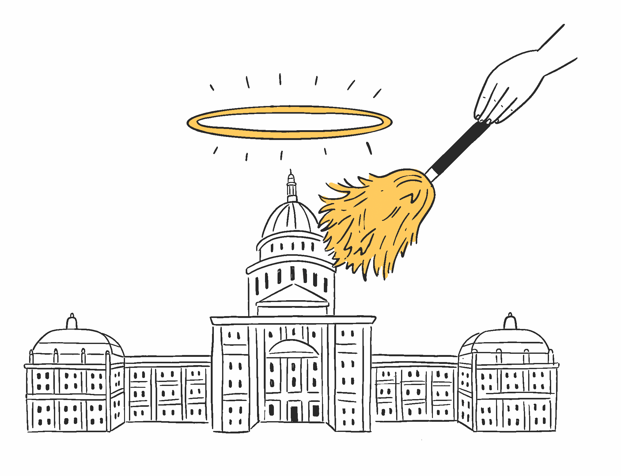 A cartoon of the Texas Capitol building, with a glowing golden halo over it, as a god-like hand reaches down to use a gigantic feather duster on the dome.