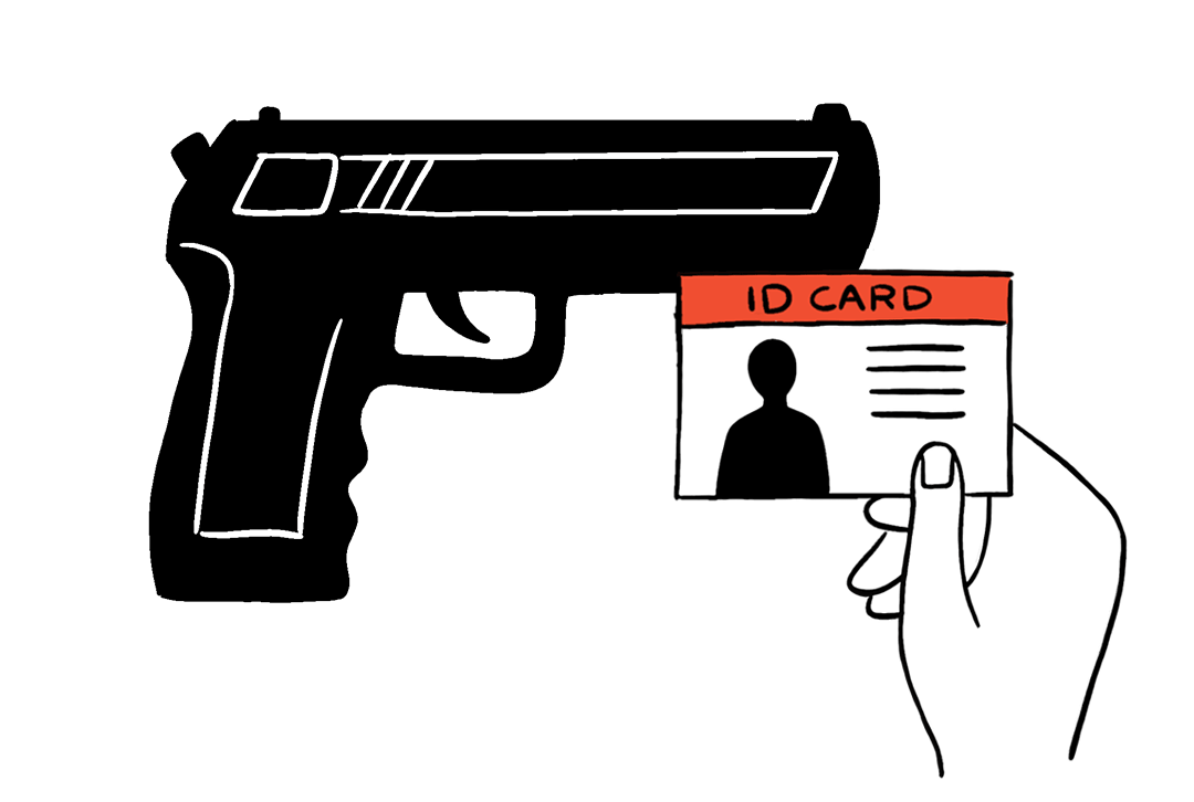 An animation of a handgun and a cartoon hand holding an identification card.