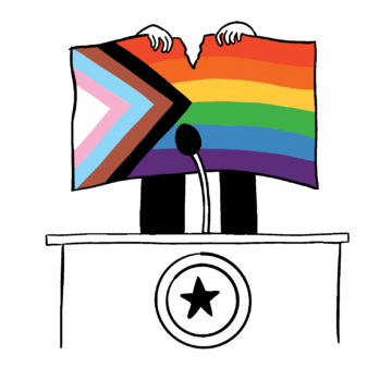 A cartoon lawmaker standing behind a Lone Star podium tears a Progressive Pride flag in half.