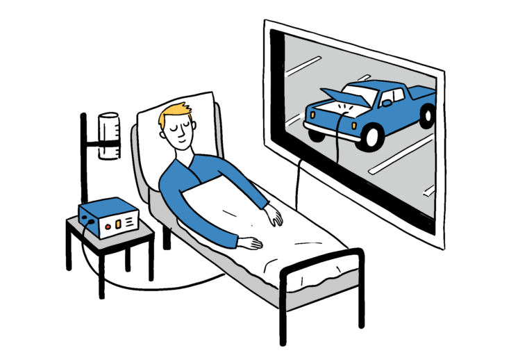 A cartoon shows a blond-haired man sleeping in a hospital bed, connected via wires to an electric truck outside the window.