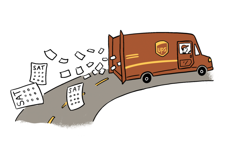 A cartoon of a UPS truck speeding away with dozens of SAT test papers spilling out the back.