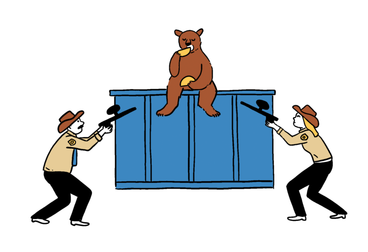 In this cartoon, two rangers, one male with a mustache and the other blond and female, aim paintball rifles at a brown bear as it snacks on tacos while perched atop a blue dumpster.