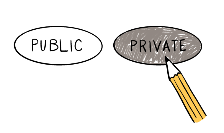 Two standardized test bubbles, labeled "Public" and "Private" with a cartoon pencil coloring in the Private bubble. 